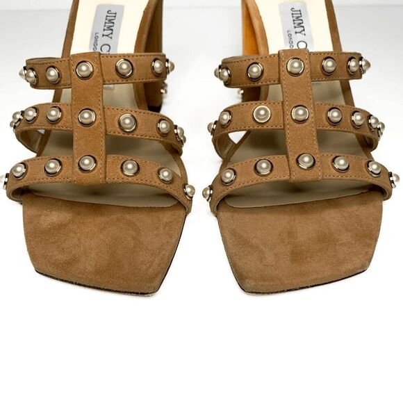 Jimmy Choo Hazal 85 Tan Suede Pearl Studded Heel Mule Slip On Sandal EU 39 US 9 - Picture 7 of 9